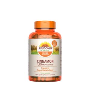 Sundown Cinnamon Capsules, Support Sugar Metabolism, Non-GMO, Free of Gluten, Dairy, Artificial Flavors, 1000 mg, 200 Capsules